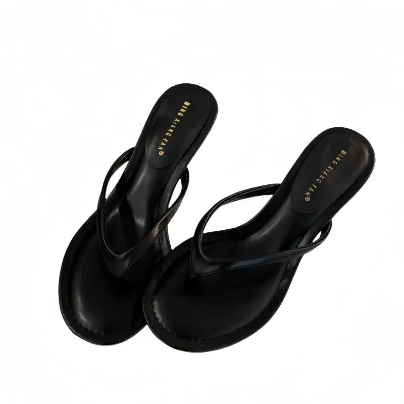 Women's round toe stiletto flip-flop sandals in black or camel colours