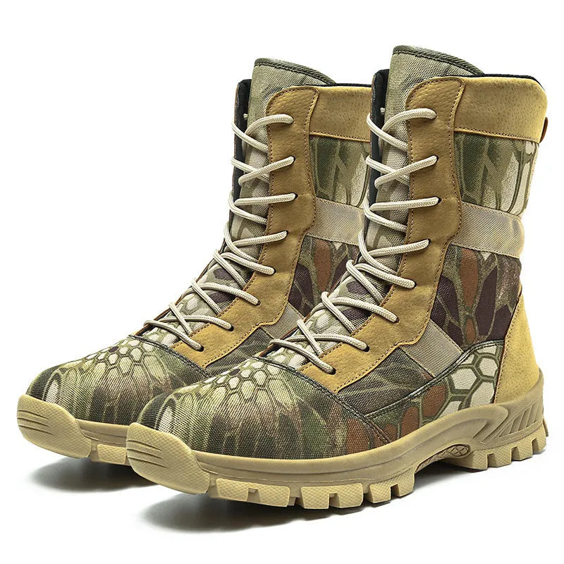 Men's black and camouflage plus size high-top combat boots with mesh upper and totem design.