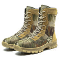 Men's black and camouflage plus size high-top combat boots with mesh upper and totem design.
