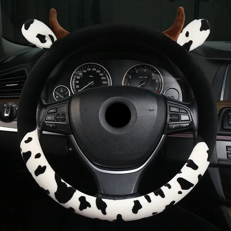 38cm short plush car steering wheel cover with protective handle in black colour