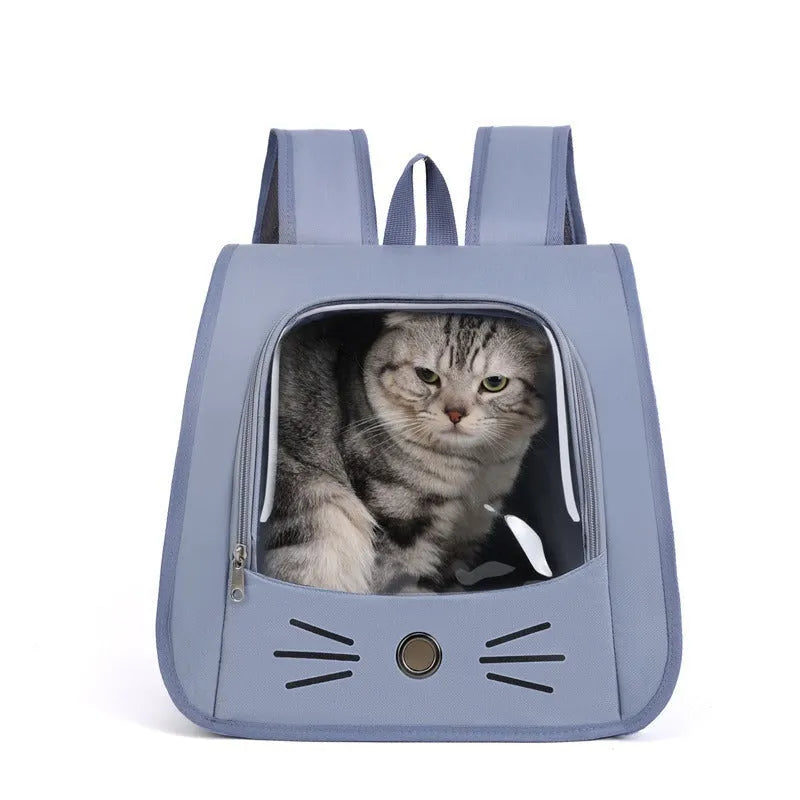Pet carrier backpack in blue Oxford fabric, 35cm x 35cm x 25cm, with shoulder straps and breathable design for cats and small dogs.
