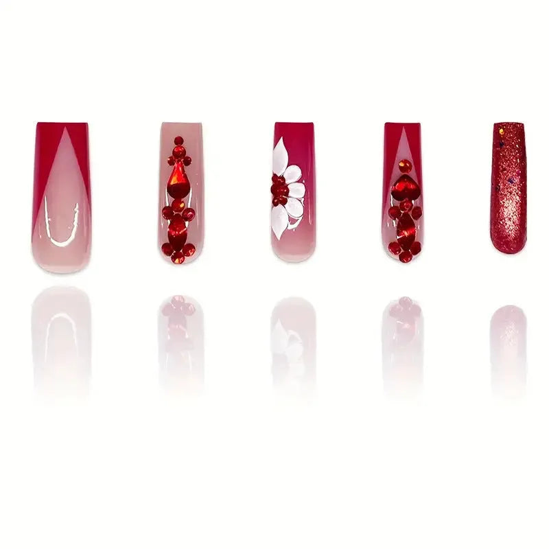 Sweet flower pattern fake nails with prismatic red diamond design in European square long shape