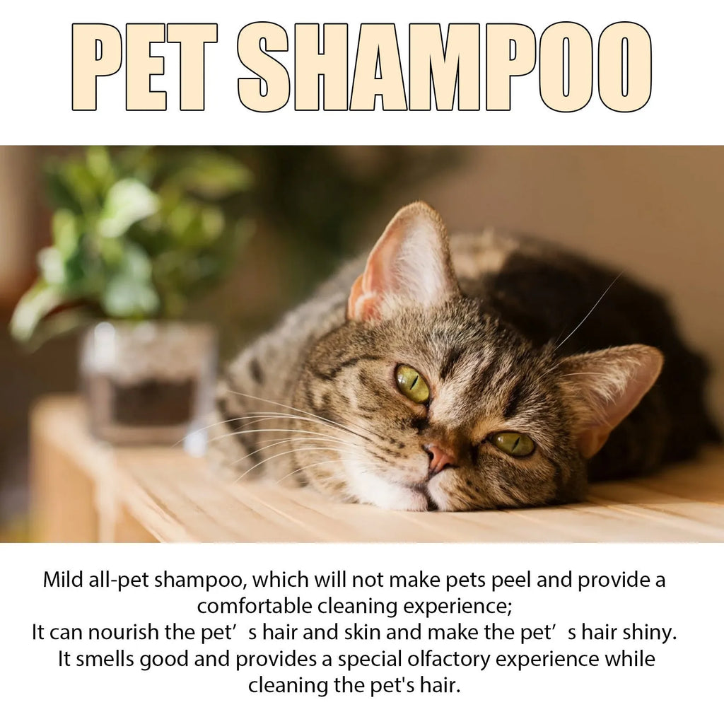 Bottle of mild pet shampoo for cats and dogs, available in 100ml and 300ml sizes.