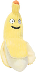 Yellow banana-shaped cat toy measuring 13 inches with plush fabric and crinkle paper sound feature