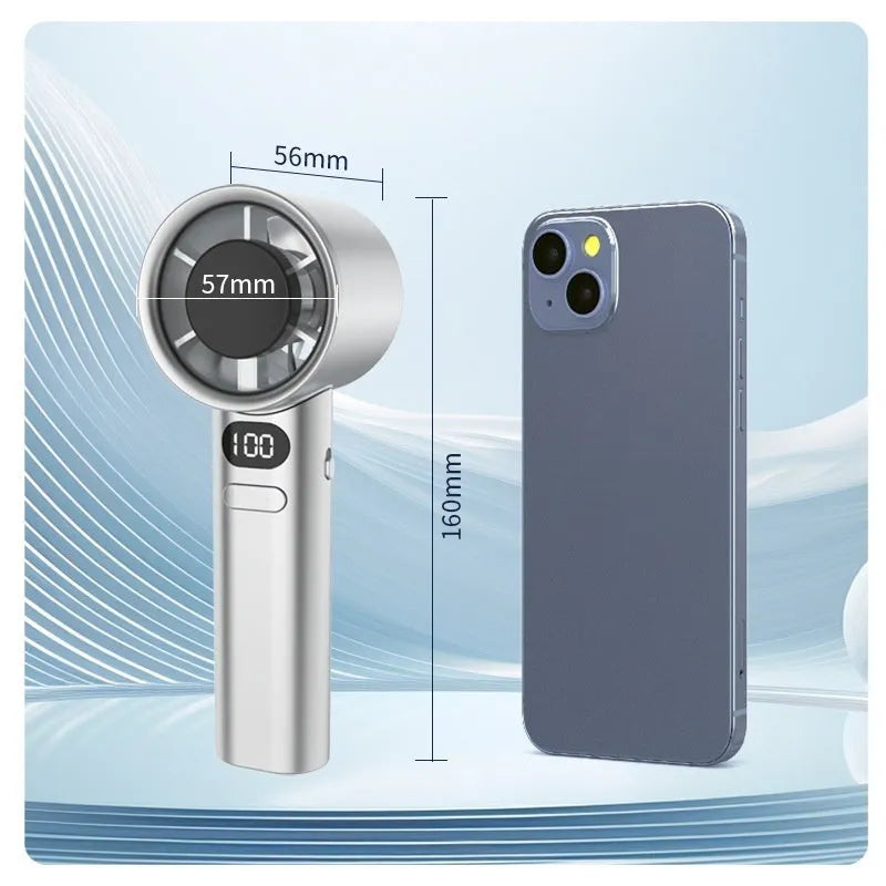 Compact handheld fan with 120 speeds and brushless motor available in green khaki silver and white