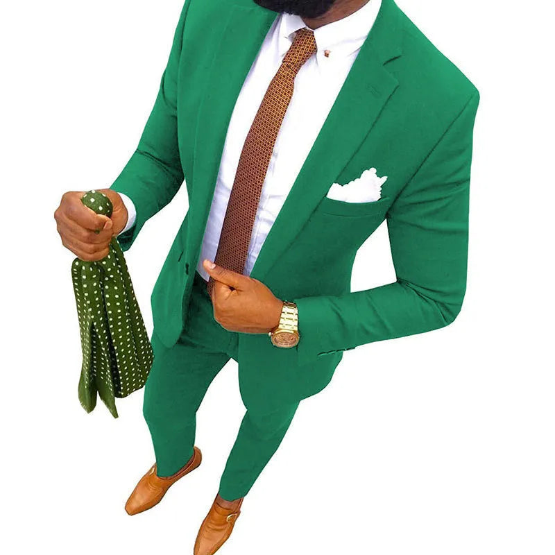 Men's multi-colour cotton banquet suit with jacket and trousers on a hanger