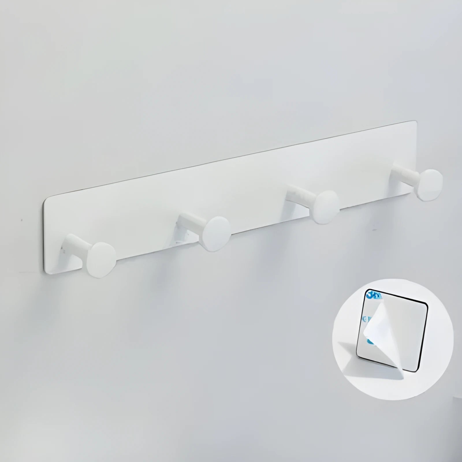 Screwless iron wall hook with adhesive tape for shower doors, shown in multiple sizes.