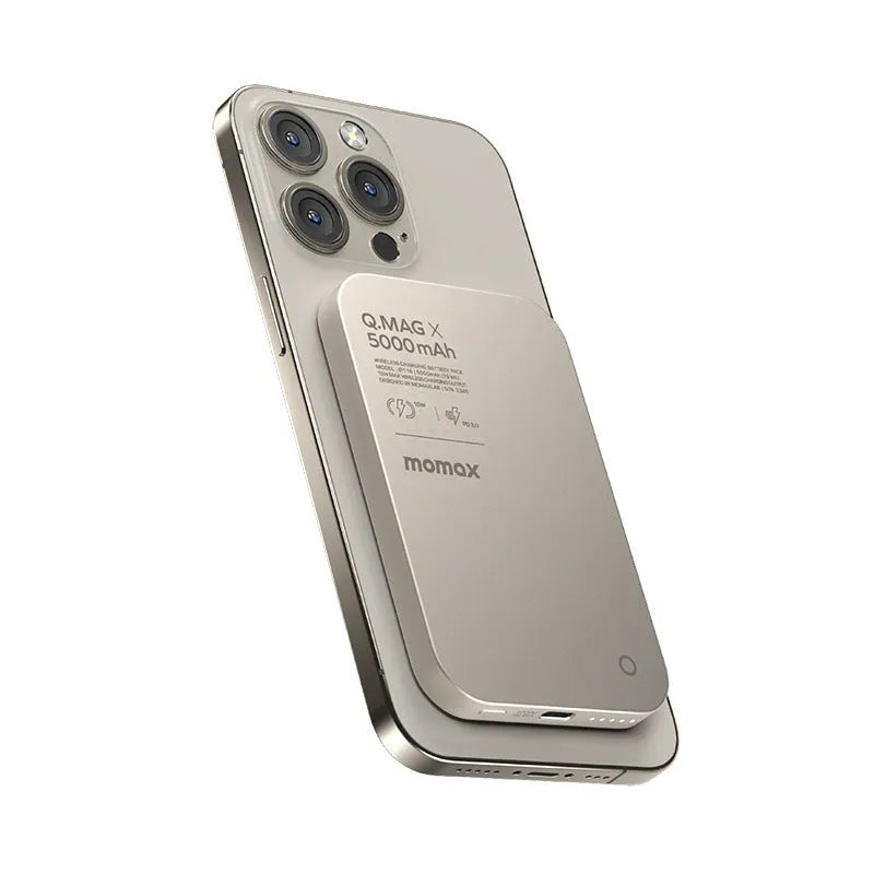 Magnetic wireless alloy power bank in titanium gold and black, showing creative design.