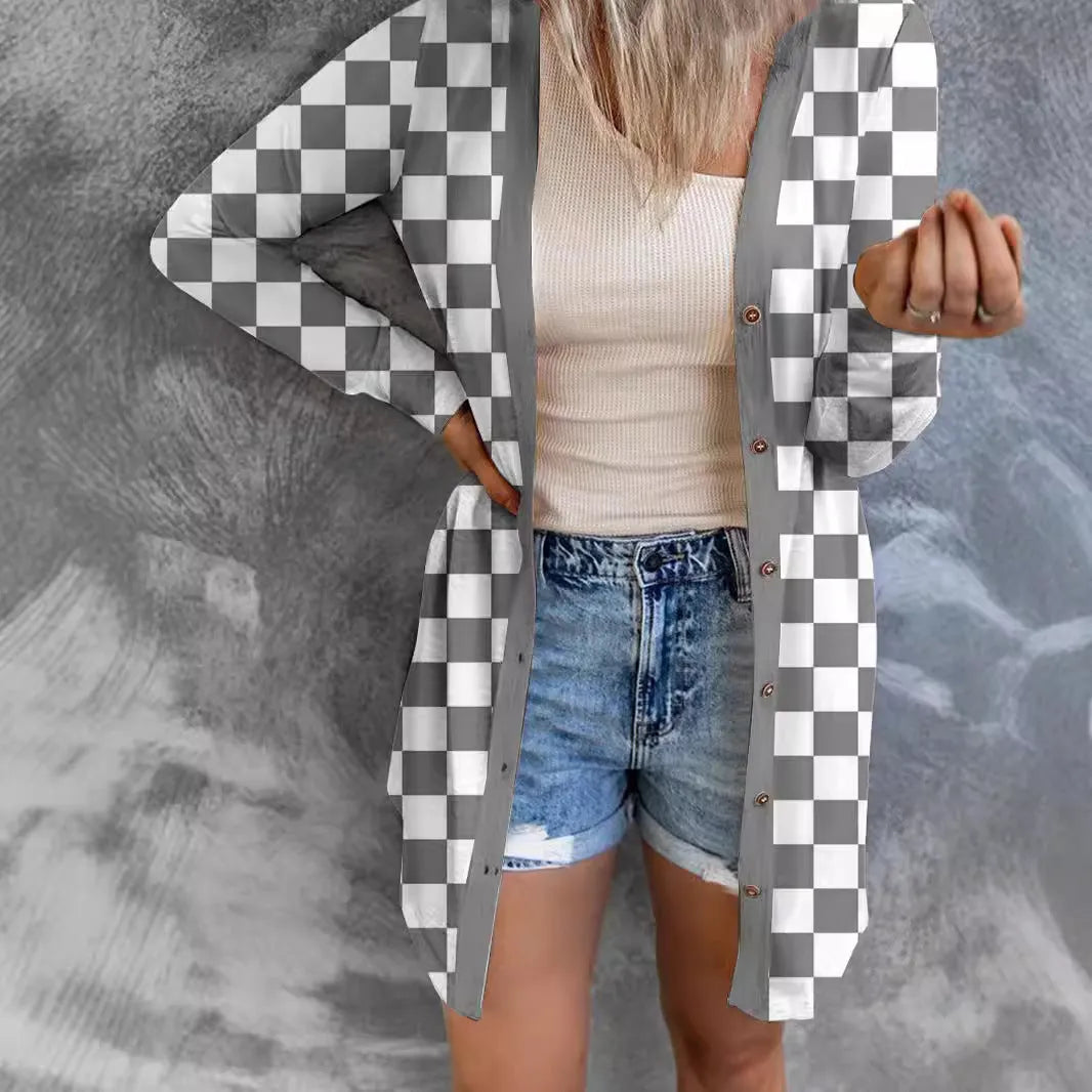 Women's long plaid cardigan coat in loose fit with contrast pattern and regular sleeves