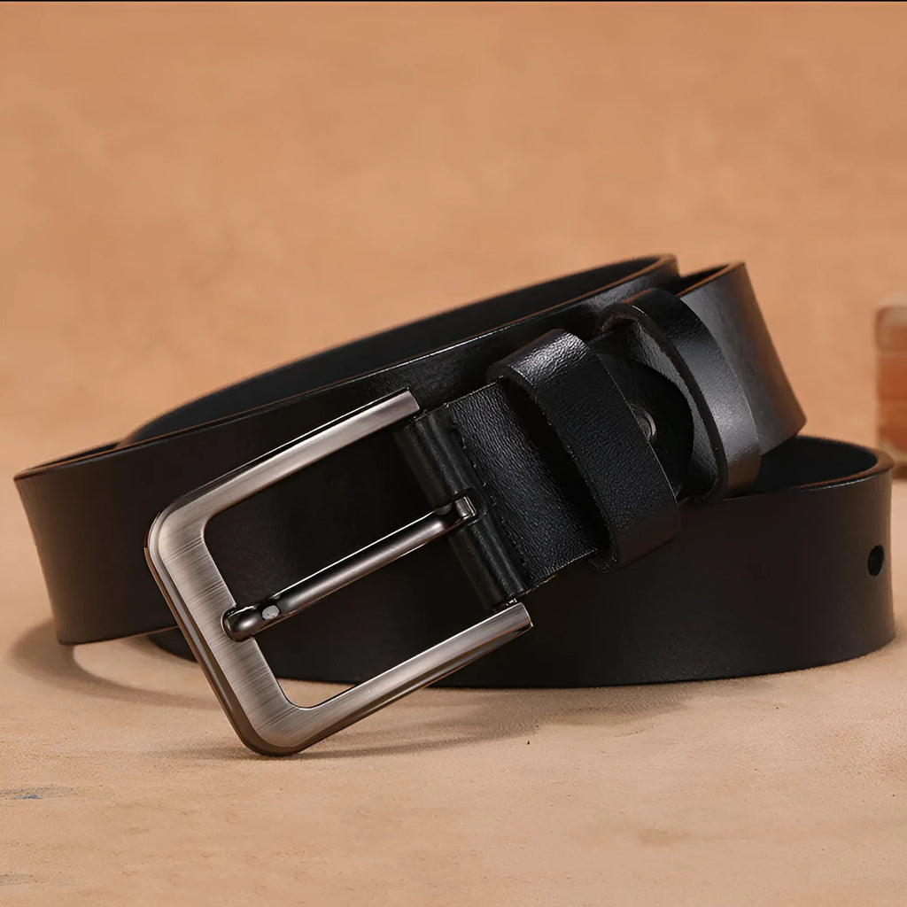 Square head pin buckle casual belt in black or brown with alloy metal buckle