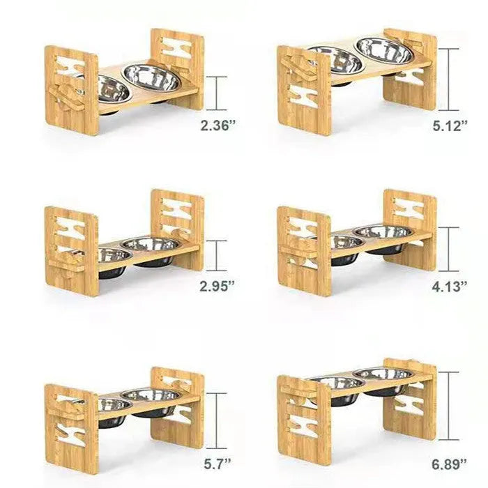 Bamboo cat and dog bowl rack, wood colour, 40 x 19.5 x 18 cm folding double bowl feeder stand with basin options