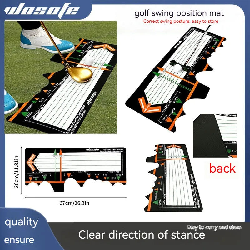 Black neoprene golf swing standing posture auxiliary pad measuring 22.5cm x 10cm for correcting stance and alignment