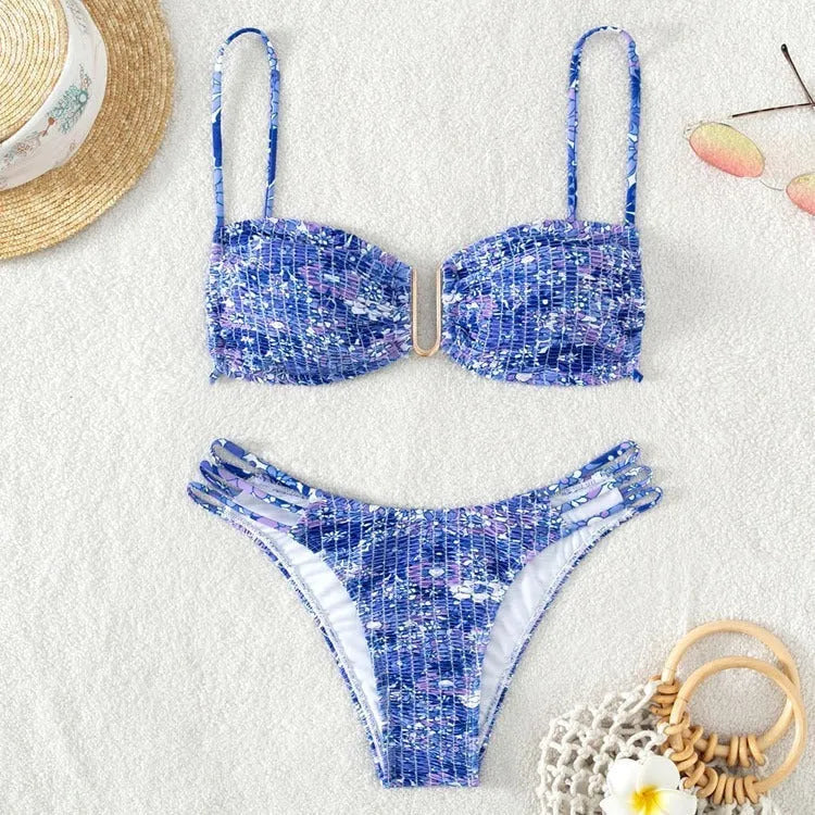 Women's floral bikini swimsuit set with high waist briefs in solid orange, blue, or rose red.