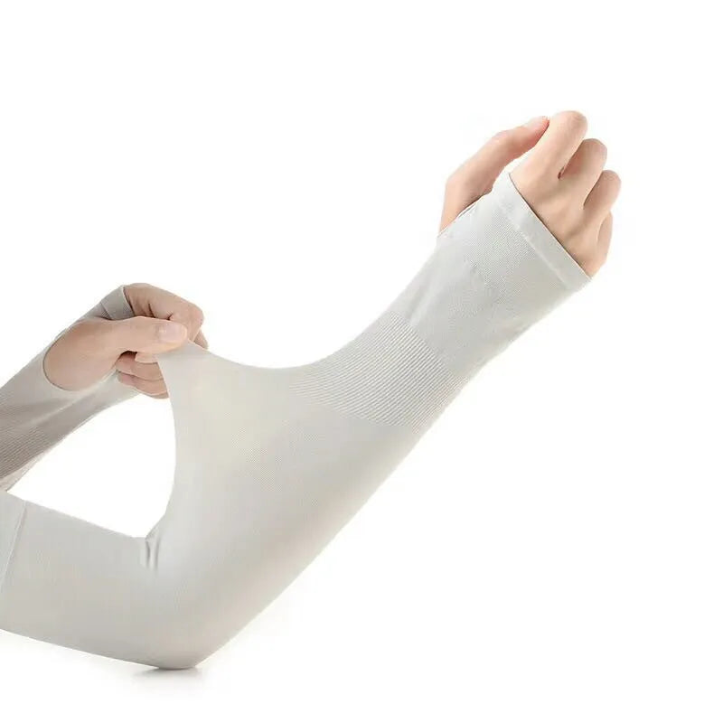 White viscose fibre driving sun protection sleeves with open-finger design showing forearm coverage