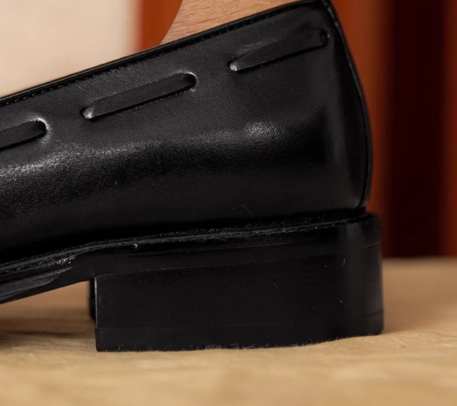 Men's British-style genuine leather slip-on loafers with fringed design in black or brown