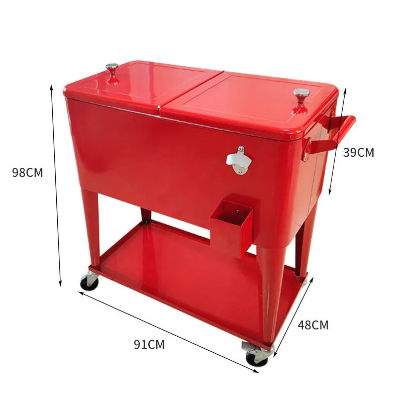 Red outdoor metal trolley with an integrated insulated cooler box, showing wheels and a 750 capacity.