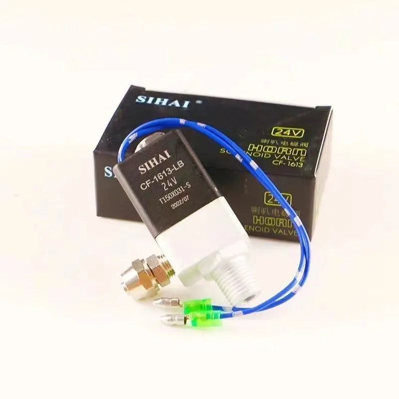 Black dual trumpet air horn and compressor kit for 12V and 24V vehicles.