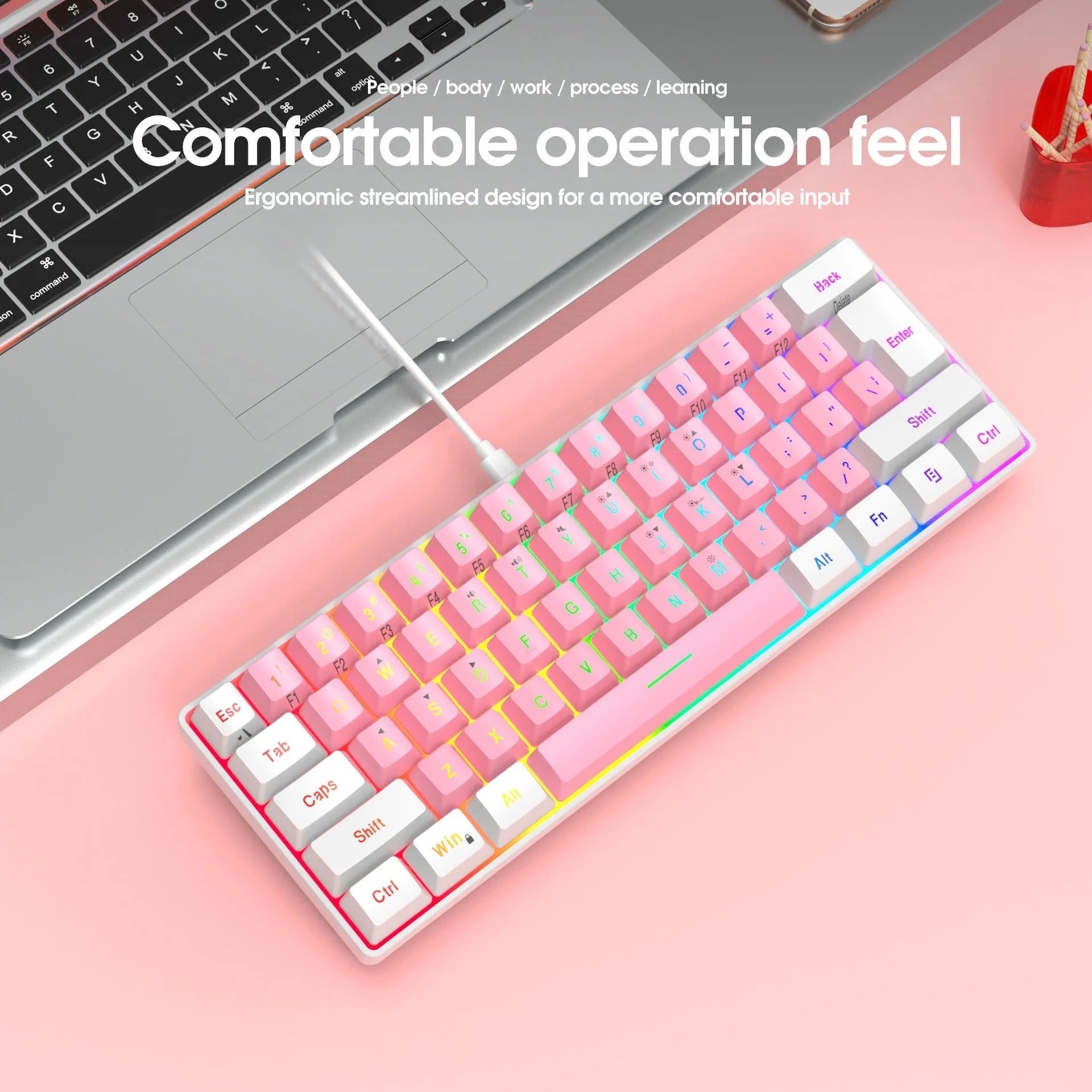 61 key wired membrane USB keyboard in white and black colour variant on desk