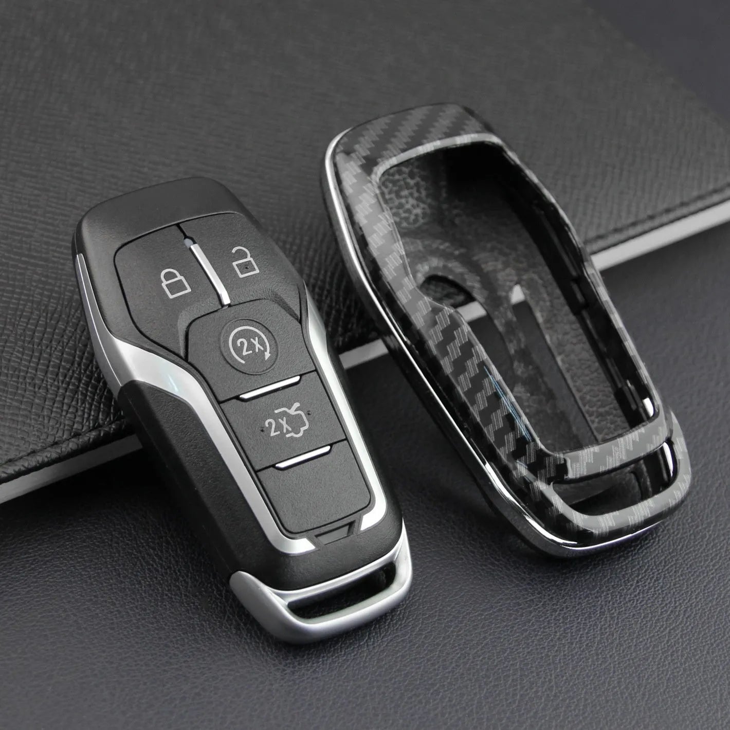 Plastic protective shell for a car key remote control, shown in single shell and buckle-attachment style.