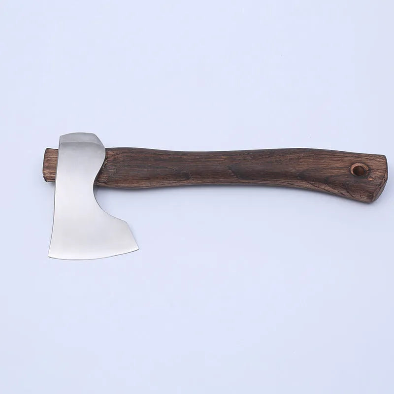 Camping axe with high carbon steel head and wooden handle for outdoor wood chopping