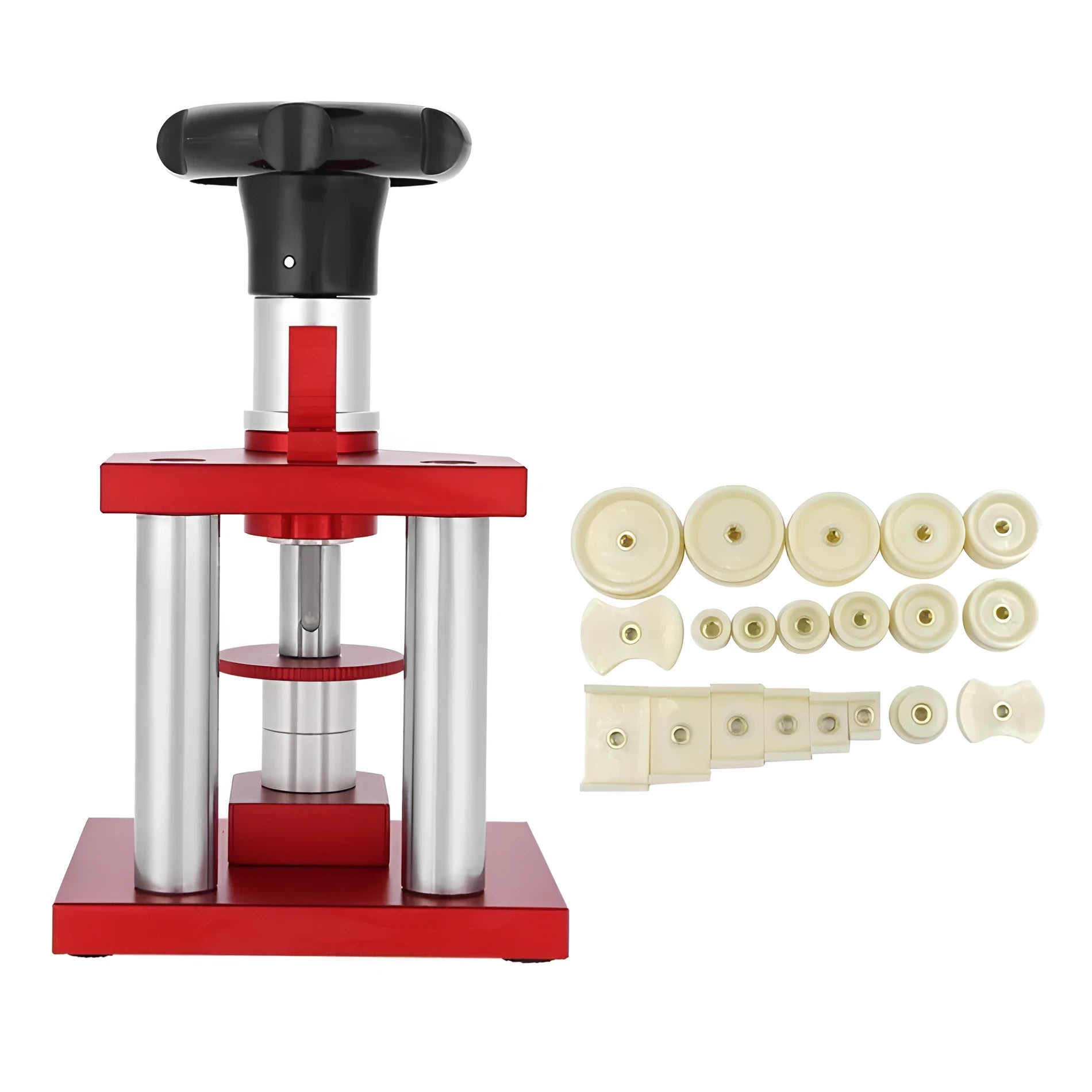 Watch repair tool with spiral cap presser and 20 plastic molds for back cover pressing