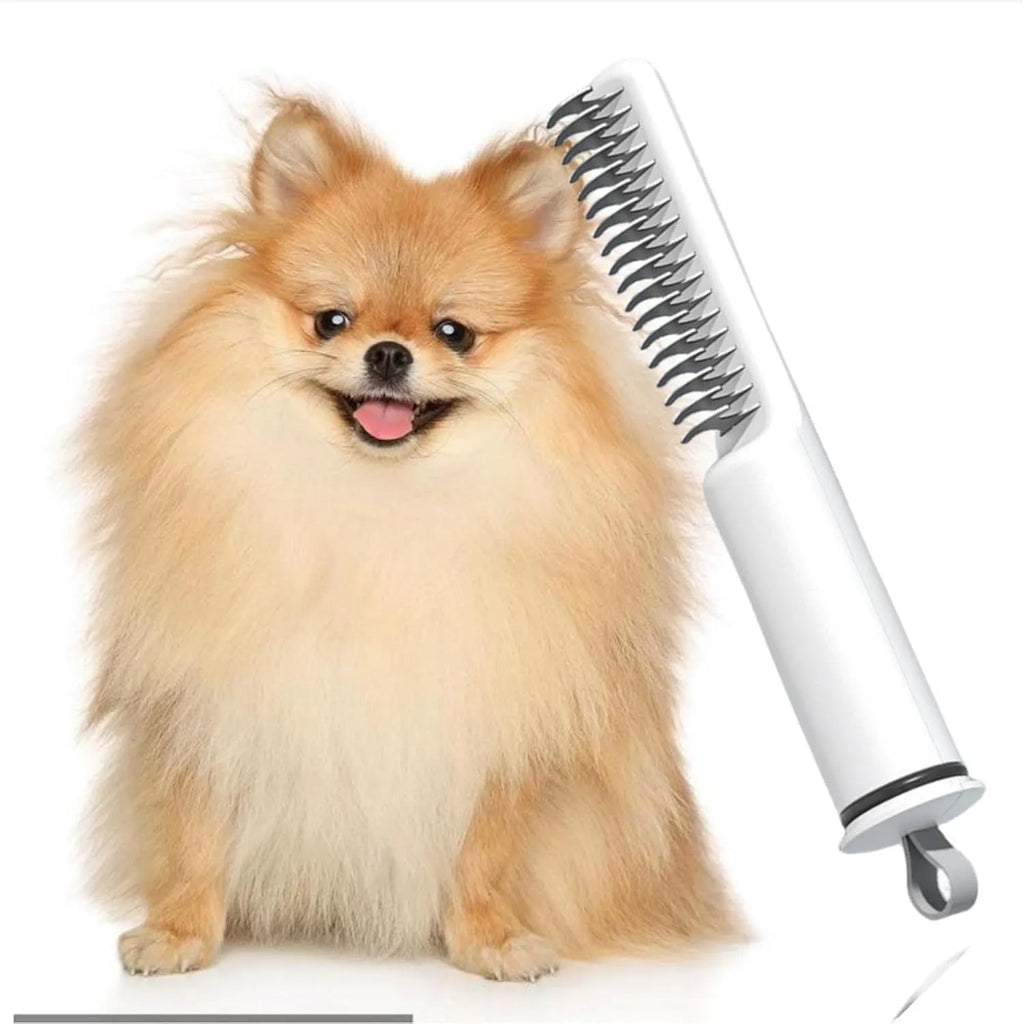 Stainless steel pet dematting comb with rake teeth and comfortable handle for removing mats from dog hair
