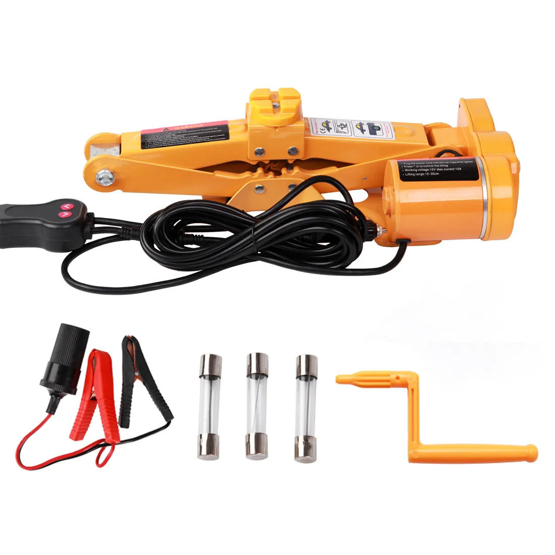 Electric hydraulic car jack kit with 2 tonne lifting capacity mounted in a vehicle boot.