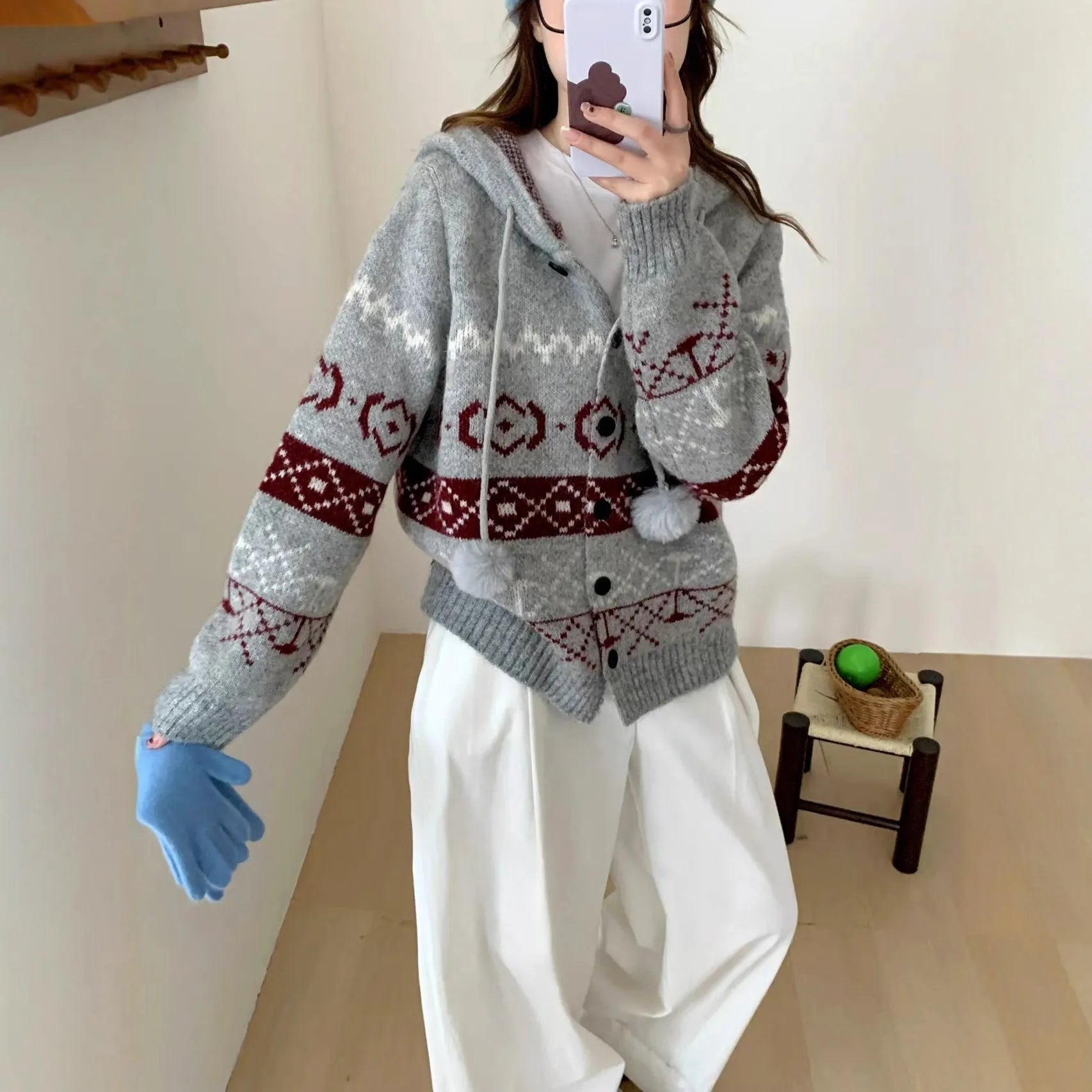 Plus size women's loose fit brocade sweater coat with geometric pattern in milky white
