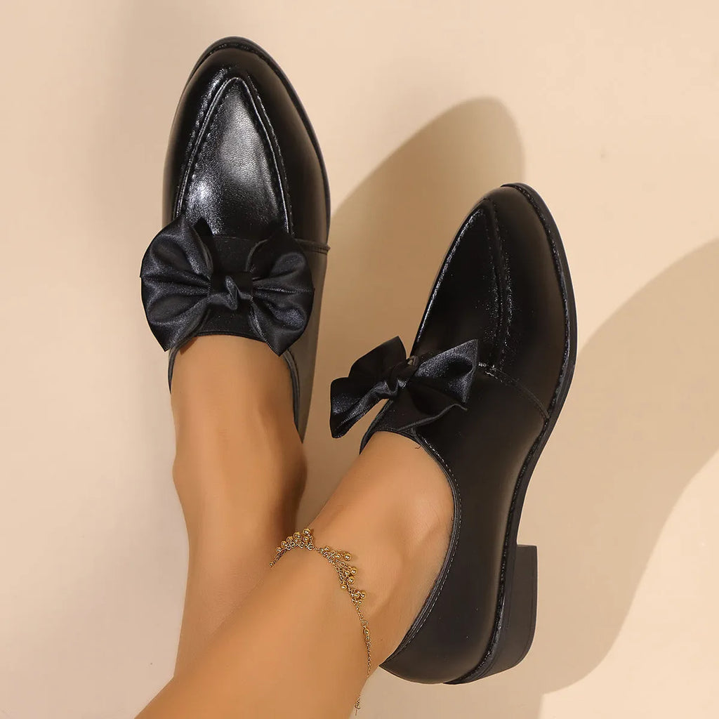 Women's British-style leather shoes with decorative bow detail in three style options