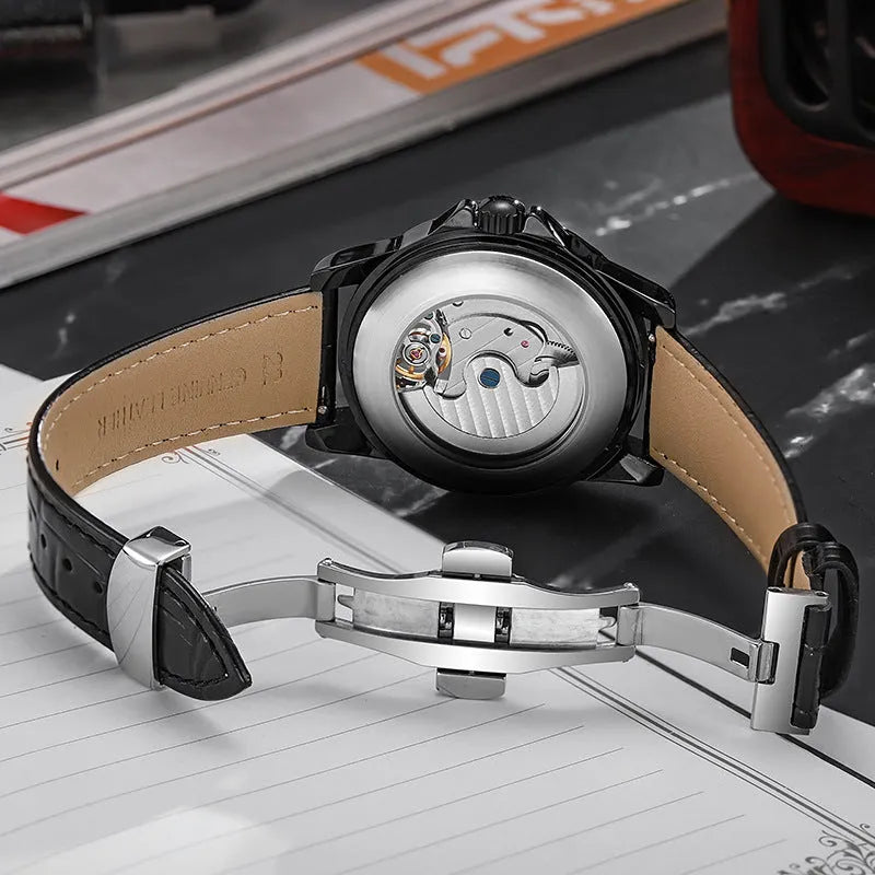 Men's black and white automatic business watch with steel bracelet or leather strap options