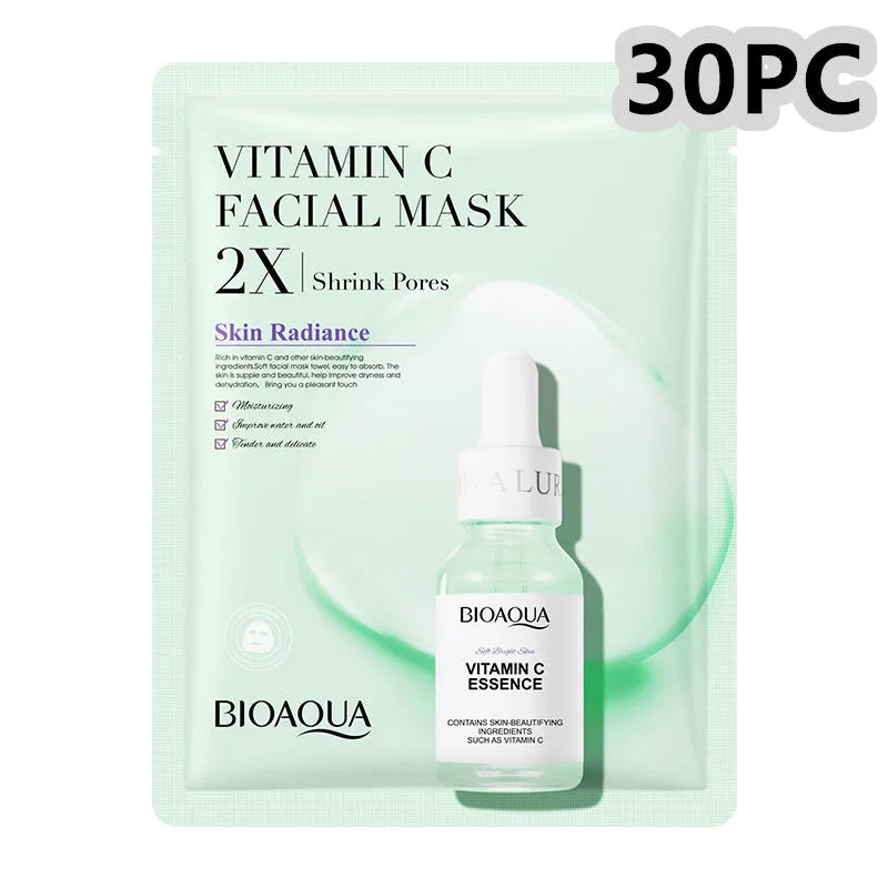 Single-use facial sheet mask with gel serum, shown in Centella, Collagen, Hyaluronic Acid or Vitamin C variants.