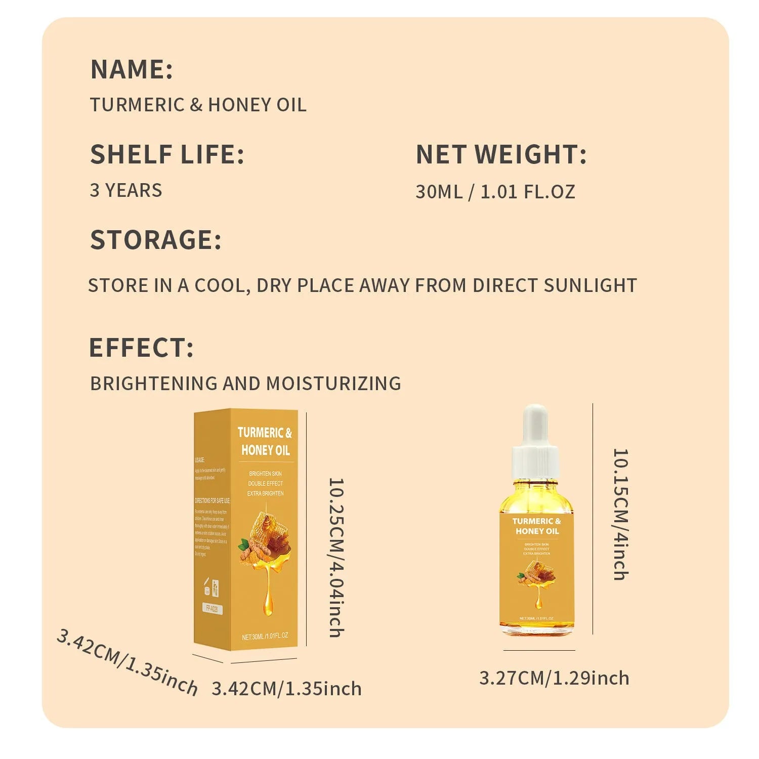 30ml turmeric honey essential oil bottle with neutral packaging for facial beauty