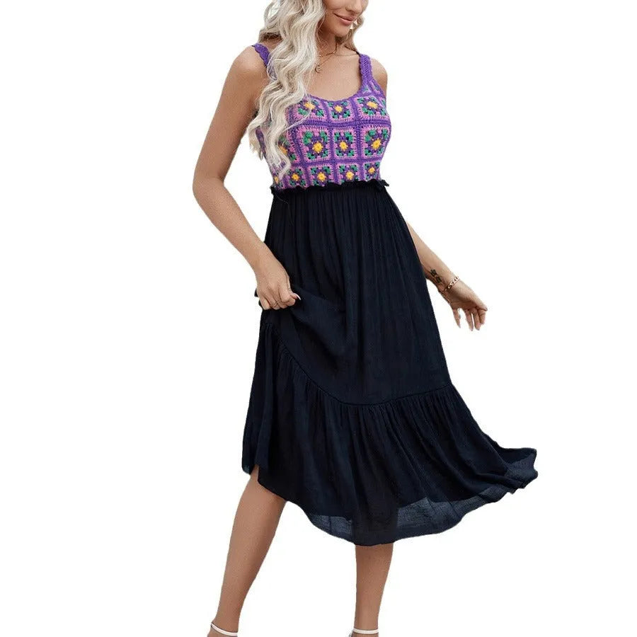Purple sleeveless dress with hand-hooked floral stitching pattern on cotton blend fabric