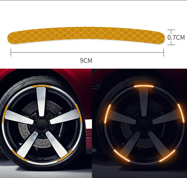 Pack of 20 arc-shaped reflective PVC stickers for car wheel hubs in various fluorescent and metallic colours