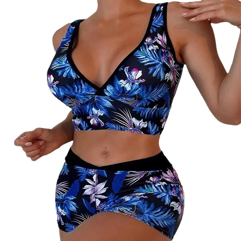 Women's two-piece swimsuit with printed boxer bottoms in floral pattern