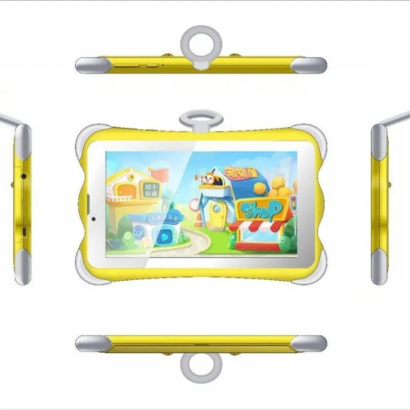 Cartoon-coloured 7-inch children's learning tablet with integrated stand shown in use.