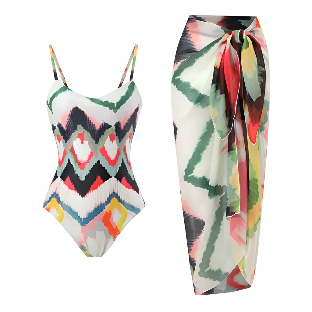 Women's two-piece swimsuit with detachable high-waist hip skirt in striped pattern
