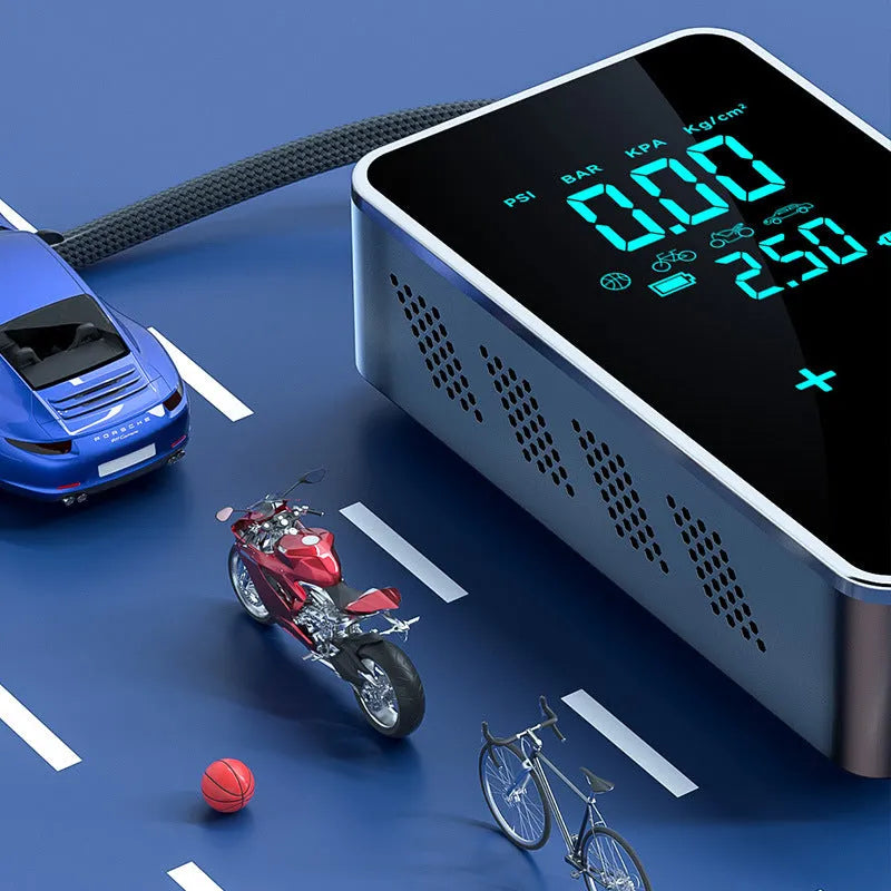 Compact wireless car tire inflator with LCD screen display and Type-C charging port shown with nozzle accessories