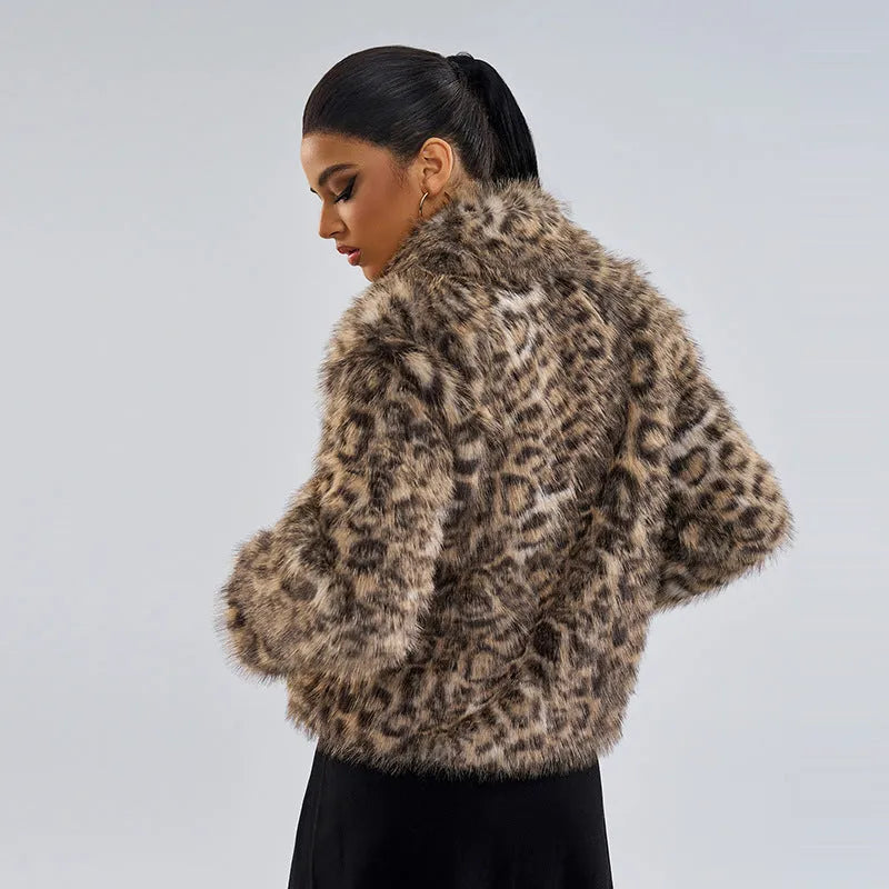 Women's leopard print coat with buckle lapel detailing in street fashion style