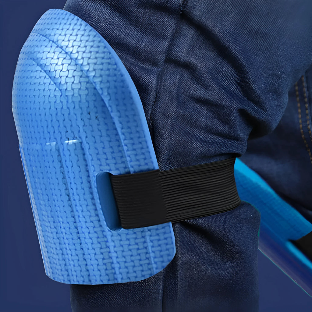 Pair of coloured EVA foam kneepads for work, shown with approximate 11mm thickness scale.