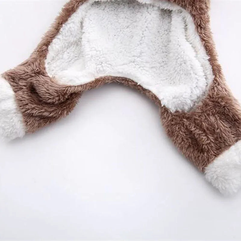 Brown shaker velvet four-legged pet coat for cats and dogs, cartoon style, sizes XS to 2XL