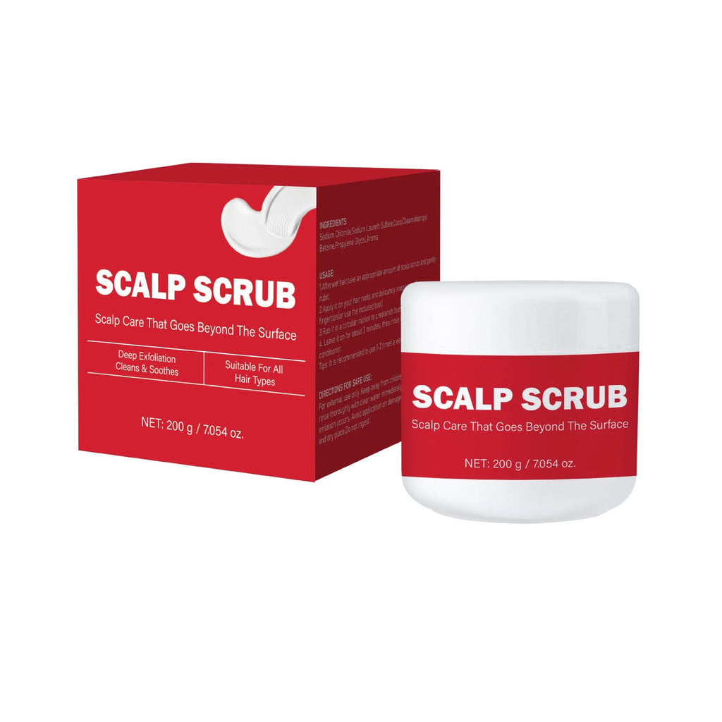 Exfoliating anti-itching anti-dandruff shampoo scrub in 200g container for scalp and face.