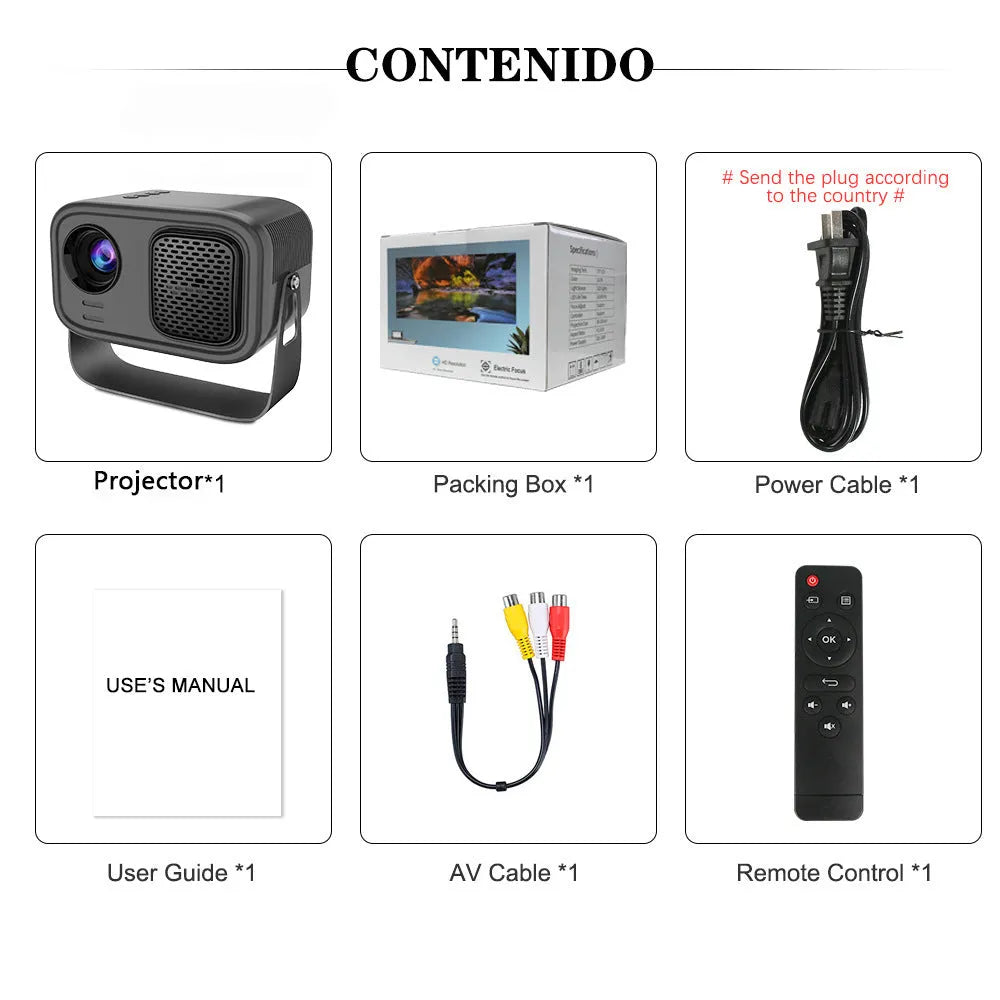 Black portable smart projector with remote control and cables on desk