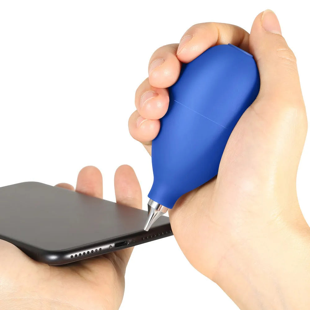 Blue and black rubber handheld dust removal air blower ball for cleaning cameras and phones.