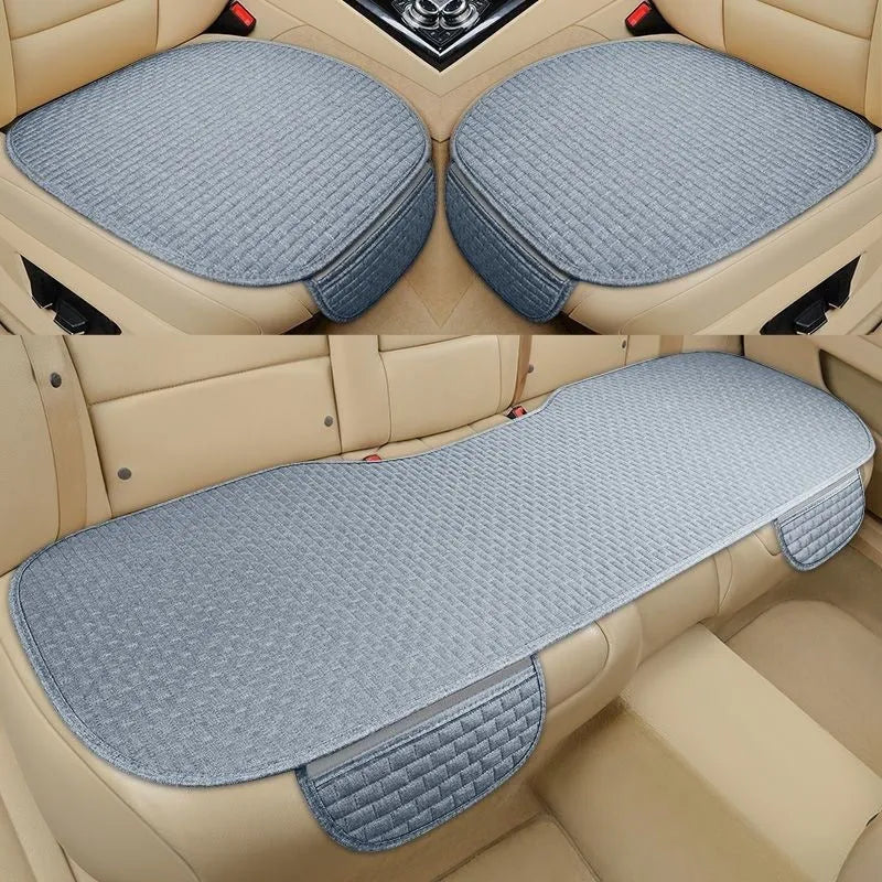 Linen car cushion set in classic plaid pattern showing three colour options: black and red, coffee and cream