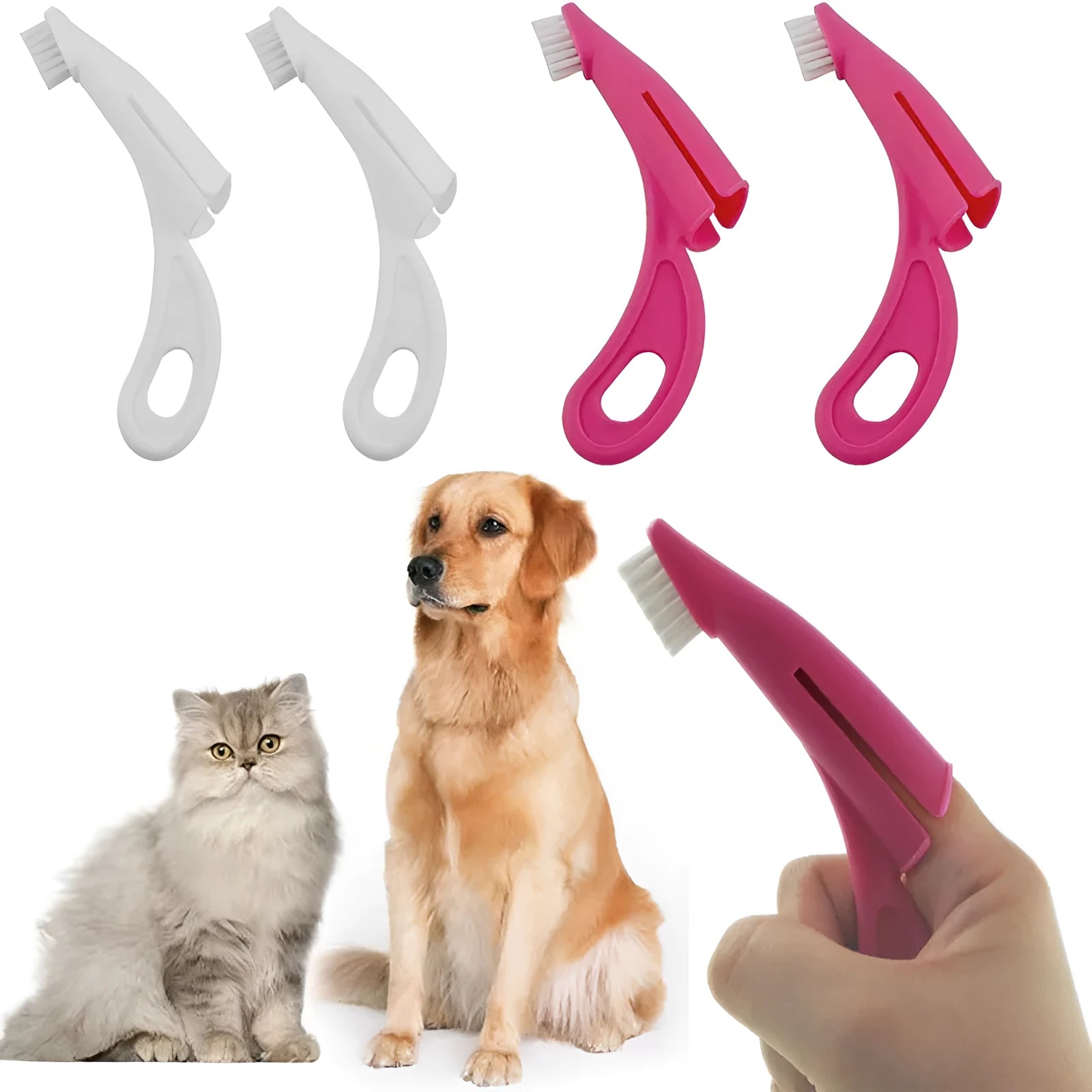 Red and white finger-sleeve toothbrush for pet dental cleaning with soft silicone bristles.