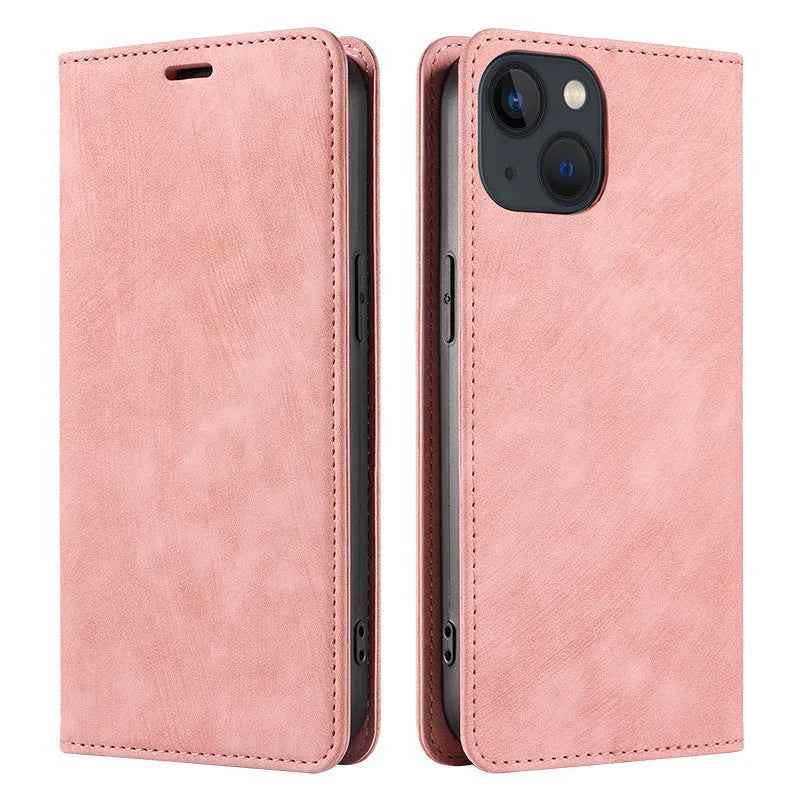 Magnetic flip phone case for iPhone in TPU and leather construction showing black colour option