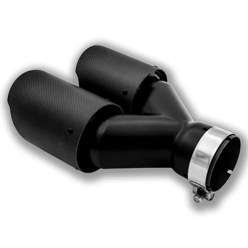 Black carbon fibre car exhaust pipe with double outlet silencer measuring 250mm