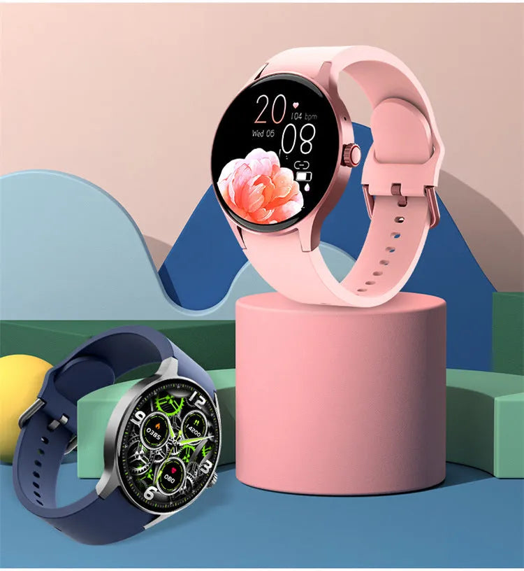 Black unisex smart sport watch with a round touchscreen on a wrist.