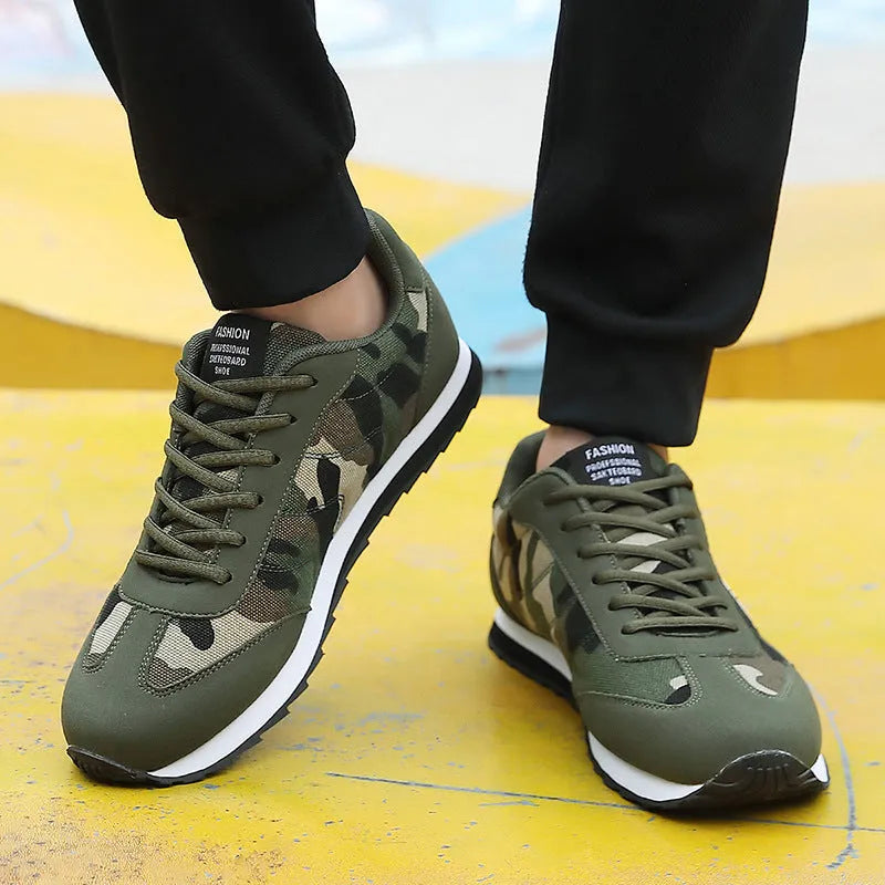Men's and women's low-top camouflage sports shoes with suede upper and flat foam sole.